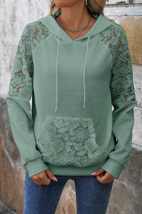Waffle Knit Lace Patchwork Raglan Drawstring Kangaroo Pocket Hoodie